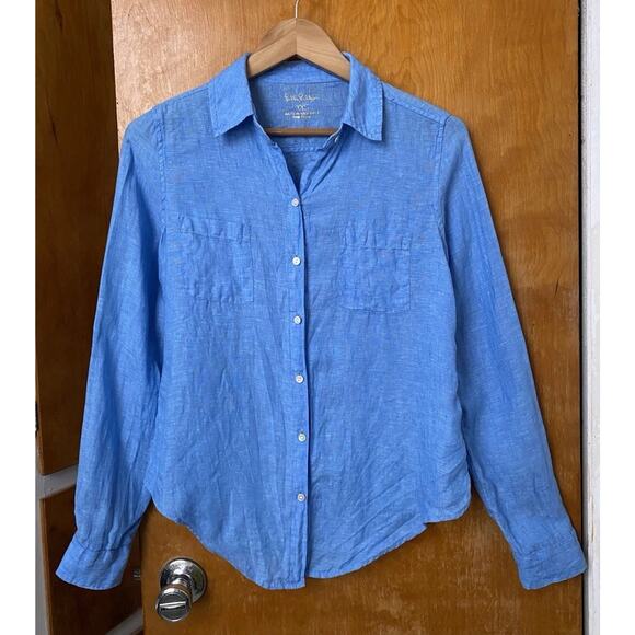 Lilly Pulitzer Sea View Linen Shirt Beckon Blue Button Down LS Sz XXS - Picture 2 of 6
